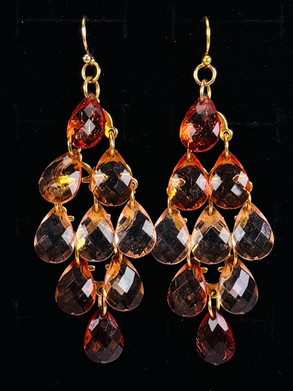 Amber Peach Faceted Teardrop Chandelier Earrings Gold Color Pierced Dangle